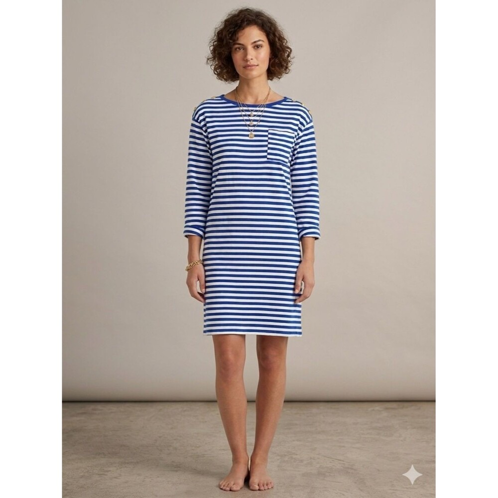 Lauren Ralph Lauren Striped Nautical Long Sleeve Dress Gold Buttons Size M